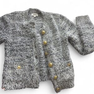 L'AGENCE Marled Gray Textured Knit Cardigan with Gold Accent